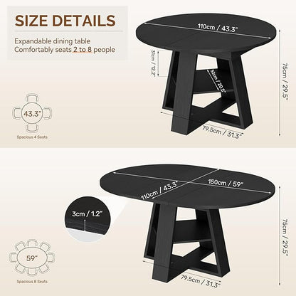 Aivermel 43.3‑59 in Extendable Oval Dining Table for 4‑6, Engineered Wood Round Dining Table with Hidden Extension Storage &Bottom Shelf, Space‑Saving Modern Kitchen Living Room Tables (Vintage Black)
