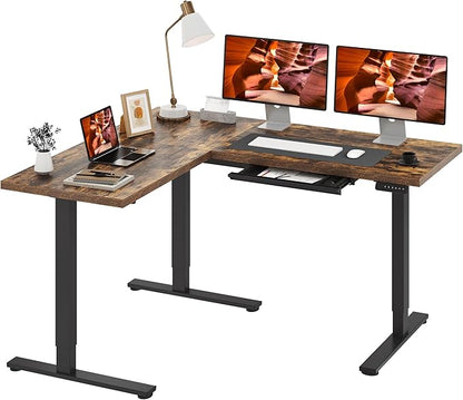 L-Shaped Standing Desk, 63 x 55 Inches Height Adjustable Desk with Storage, Sit and Stand up Desks, Ergonomic Rising Computer Table for Home Office with Splice Board, Rustic Brown