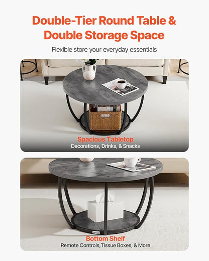 VEVOR Coffee Table, Modern Round Coffee Table, 2 Tiers Wooden Circle Center Desk with Open Storage, Minimalist Sturdy Metal Frame Accent End Desk for Living Room, Office, Easy Assembly, Grey