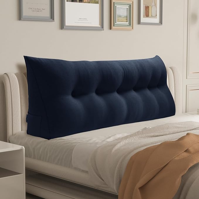 WOWMAX 85% Linen 15% Cotton Blend Headboard Pillow – California King Size Reading Wedge Backrest for Bed, Handmade Firm Support Bolster Cushion with Removable Cover, Premium Bed Rest Pillow, Blue