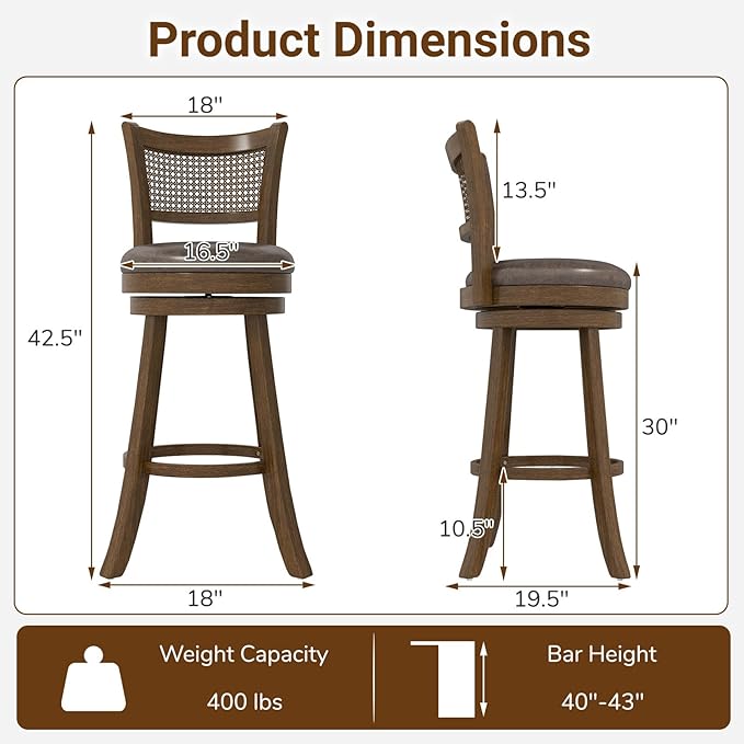 COSTWAY 30” Swivel Bar Height Barstool Set of 2, Rubber Wood Bar Stools with Rattan Backrest, Footrest, Upholstered Leathaire Armless Chairs for Kitchen Island, Pub, Brown(2, 30” Seat Height)