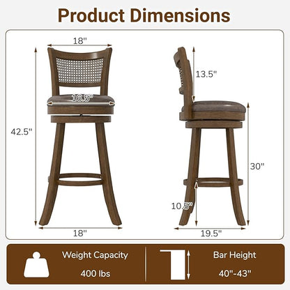 COSTWAY 30” Swivel Bar Height Barstool Set of 2, Rubber Wood Bar Stools with Rattan Backrest, Footrest, Upholstered Leathaire Armless Chairs for Kitchen Island, Pub, Brown(2, 30” Seat Height)