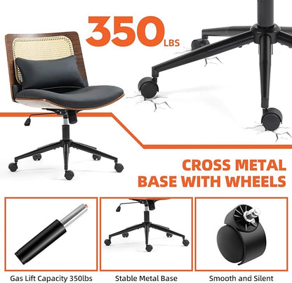 Armless Rattan Office Desk Chair with Wheels, PU Leather Modern Wide Swivel Task Chair, Ergonomic Criss Cross Legged Chair for Meeting Room, Home Office, Black