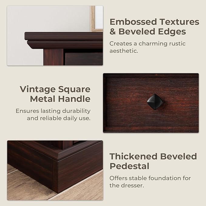 Farmhouse 7 Drawer Dresser for Bedroom, 54" Wide Wooden Dresser with Natural Texture & Vintage Metal Knobs, Large Chest of Drawers for Bedroom, Living Room, Hallway, Cherry