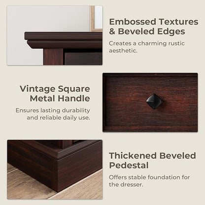 Farmhouse 7 Drawer Dresser for Bedroom, 54" Wide Wooden Dresser with Natural Texture & Vintage Metal Knobs, Large Chest of Drawers for Bedroom, Living Room, Hallway, Cherry