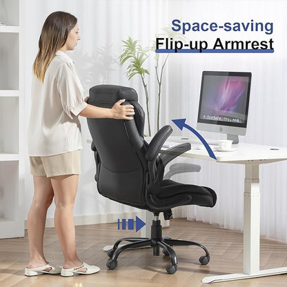 Brage Living 400LBS Big and Tall Office Chair, Leather Executive Desk Chair with Padded Flip-up Arms, Heavy Duty Swivel Rolling Computer Chair for Home Office, Black