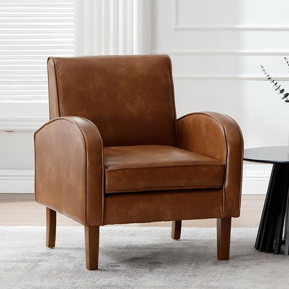 Mid Century Modern Armchair Brown Faux Leather Accent Chair with Arm Comfy Chairs Reading Chair Sofa Chair for Living Room, Rubber Wood Legs
