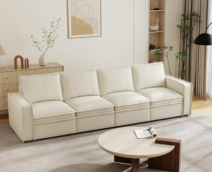 EALSON 119" Modular Sectional Sofa Modern Comfy 4-Seater Couch Sofa Linen Fabric Upholstered Cloud Couches with 24" Deep Seat and Wooden Legs for Bedroom/Living Room/Office, White