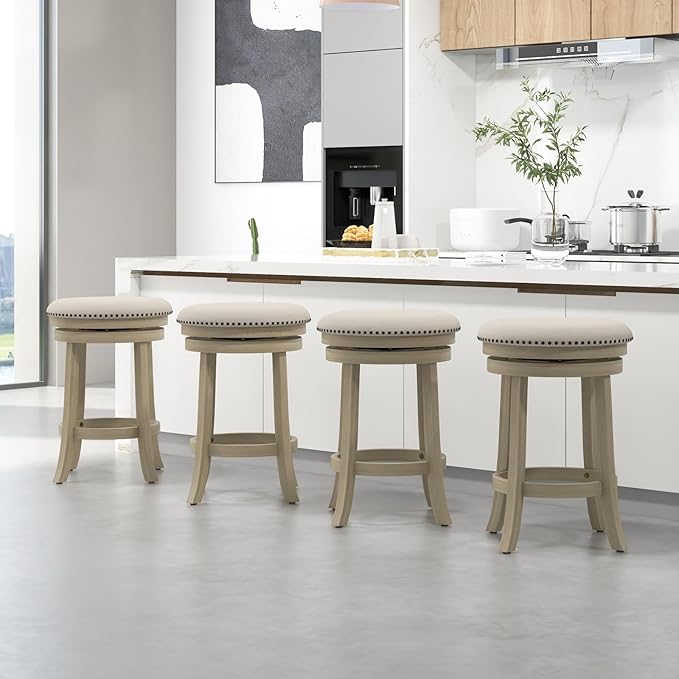 COSTWAY 360° Swivel Bar Stools Set of 2, 26.5-inch Height Upholstered Round Barstools with Wooden Frame, Seat and Footrest, Backless Solid Wood Counter Stools for Kitchen Island Bistro Pub, Beige