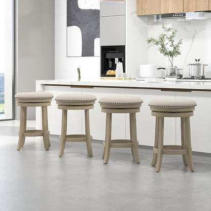COSTWAY 360° Swivel Bar Stools Set of 4, 26.5-inch Height Upholstered Round Barstools with Wooden Frame, Seat and Footrest, Backless Solid Wood Counter Stools for Kitchen Island Bistro Pub, Beige