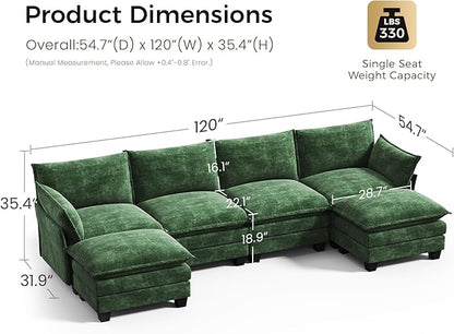 KKL 120" Modular Sectional Sofa, U-Shaped 6 Seater Convertible L-Shaped Cloud Couch with Ottoman, Chenille Modern Sectional Couches for Living Room, Apartment, Green