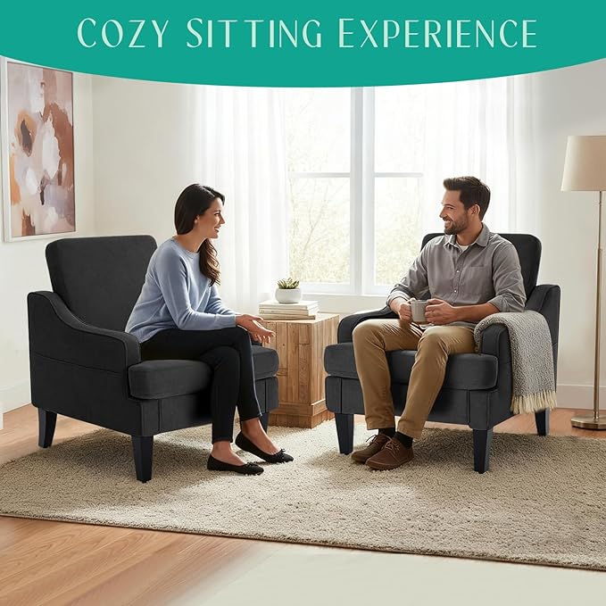 Modern Accent Chairs Set of 2 Upholstered Reading Chair for Bedroom with Side Pockets Comfy Living Room Chairs Living Room Armchair for Office, Apartment (Charcoal)