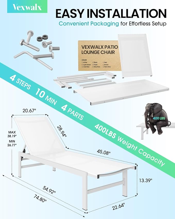 Outdoor Lounge Chairs for Pool, Aluminum Chaise Lounge Chairs with 5-Position Recliner, Patio Lounge Chair for Backyard, Poolside, Deck, Lawn, White