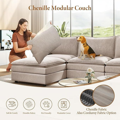 Vesgantti Large Modular Sectional Sofa, Big Comfy Cloud Couch with Ottoman, Chenille Deep Seat Cloud Sofa, 9 Seater Large Sectional Couches for Living Room, Bedroom, Apartment, Light Brown
