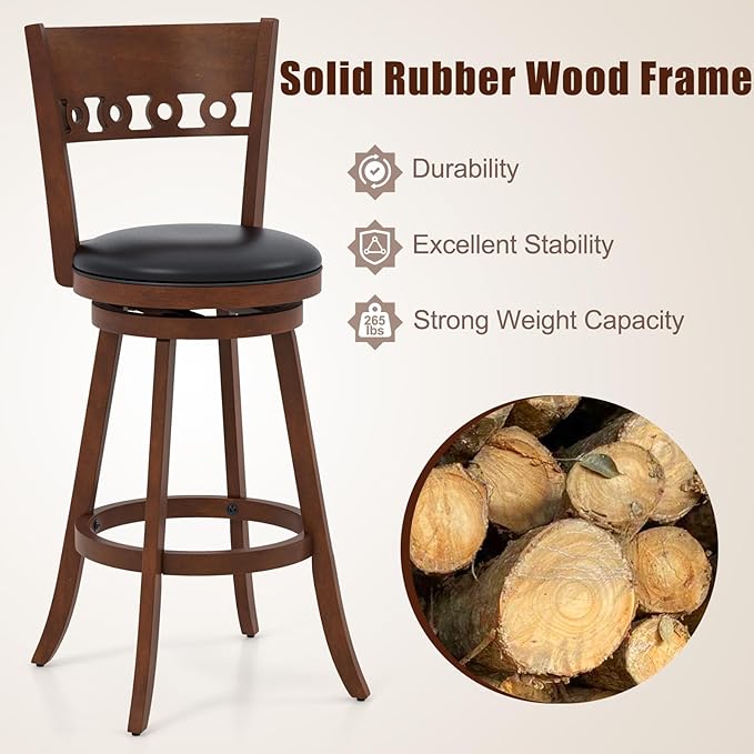 COSTWAY Bar Stools Set of 2, 30.5” Bar Height Bar stools with Solid Wood Legs, Cushioned Seat, Footrest, for Home, Kitchen Island, Bar (2, 30.5'' Seat Height)