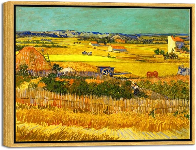 Wieco Art Framed Wall Art of Harvest at La Crau with Mont majour by Van Gogh Oil Paintings Reproduction Abstract Canvas Prints for Home Living Room Decorations Bronze Gold Frame