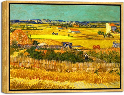Wieco Art Framed Wall Art of Harvest at La Crau with Mont majour by Van Gogh Oil Paintings Reproduction Abstract Canvas Prints for Home Living Room Decorations Bronze Gold Frame