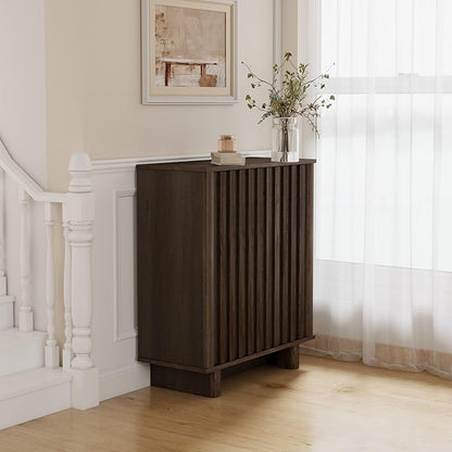 LukeAlon Fluted Sideboard Cabinet with Storage, Mid-Century Modern Accent Buffet Cabinet, 31.5" Height Wooden Small Credenza Cabinets for Living Room Dining Room Entryway Hallway, Walnut Color