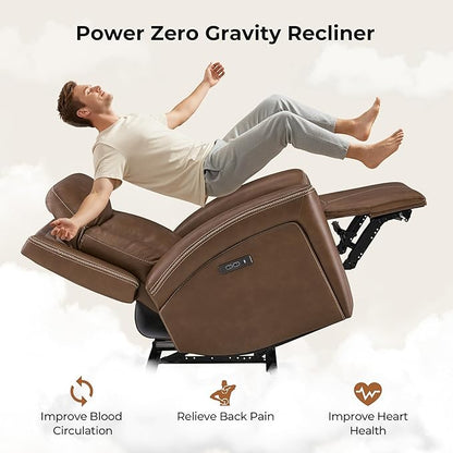 CHITA Genuine Leather Power Recliner Chair for Adults, Super Zero Gravity Recliner with Adjustable Power Headrest & USB/Type-C Ports, for Living Room, Bedroom & Home Theater, Cafe Brown