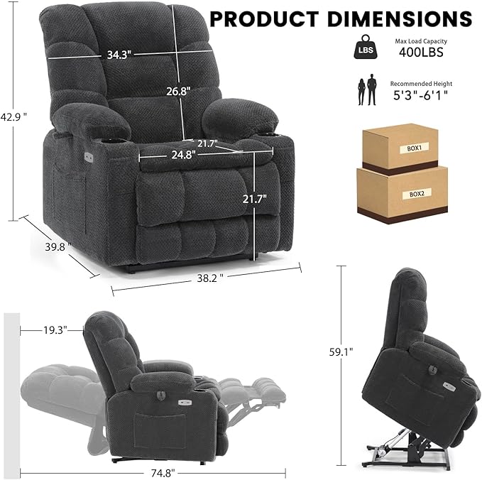 EONIX Dual Motor Wide Power Lift Recliner Chair for Elderly, Oversized Lay Flat Lift Chair with Heat and Massage and Cup Holders, 400lbs Heavy Duty Big and Tall Lift Recliner, Dark Grey Grey