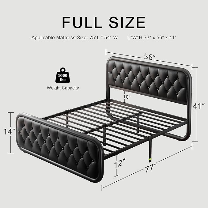 Full Size Metal Bed Frame with Button Tufted Leather Upholstered Headboard and Footboard, U-Shape Support Foundation, No Box Spring Required, Black