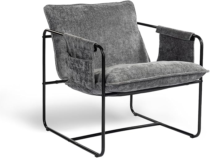 Modern Accent Chair Comfortable Living Room Chairs with Armrests, Bedroom Reading Chair, Chenille Upholstered Lounge Metal Chair