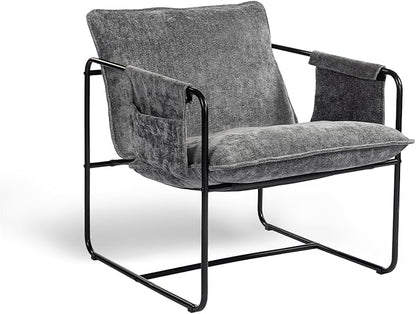 Modern Accent Chair Comfortable Living Room Chairs with Armrests, Bedroom Reading Chair, Chenille Upholstered Lounge Metal Chair