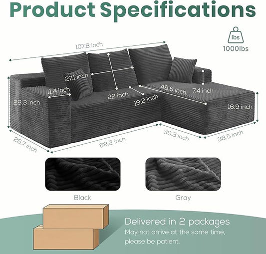 107" Boneless Couches for Living Room, Modular Cloud Sectional Couches L Shaped Sofa with Oversized Chaise Comfy Corduroy Home Sofa (Grey, Right Facing Chaise)