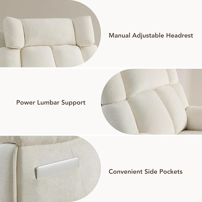 CHITA Oversized Power Recliner Chair with Bluetooth Speakers for Adults, Lay Flat Recliner with Power Lumbar Support, Manual Winged Headrest and USB & Type-C Charging Ports, Cream