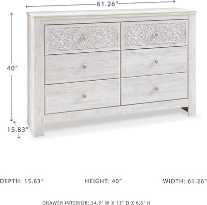Signature Design by Ashley Paxberry Boho 6 Drawer Dresser, Smooth-gliding Faux Laminate Lined Drawers, Wood, 61.26" W x 15.83" D x 40" H, Whitewash