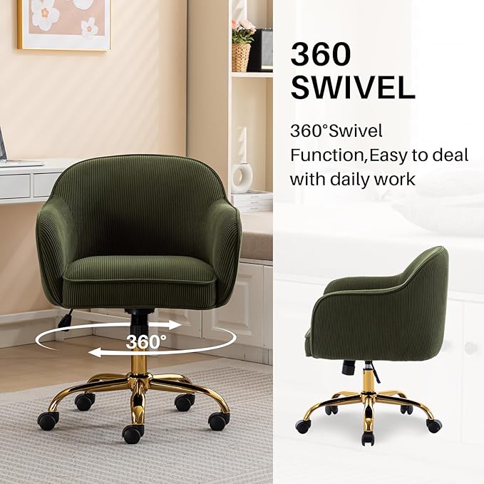 Home Office Desk Chair with Arms Gold Wheels Modern Velvet Upholstered Rolling Computer Chair Mid-Back Ergonomic Adjustable Swivel Vanity Chair for Bedroom Study Office, Green,Corduroy