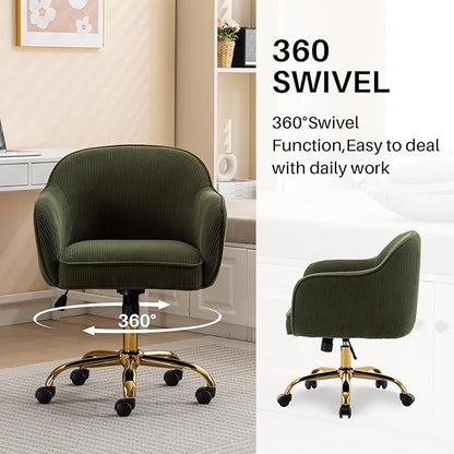 Home Office Desk Chair with Arms Gold Wheels Modern Velvet Upholstered Rolling Computer Chair Mid-Back Ergonomic Adjustable Swivel Vanity Chair for Bedroom Study Office, Green,Corduroy
