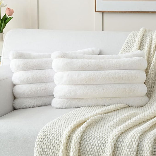 FUTEI Cream White Decorative Throw Pillow Covers 12x20 Inch Set of 2, Square Soft Faux Rabbit Fur Thick Striped Lumbar Pillow Case,Winter Home Decor for Couch Bed Living Room