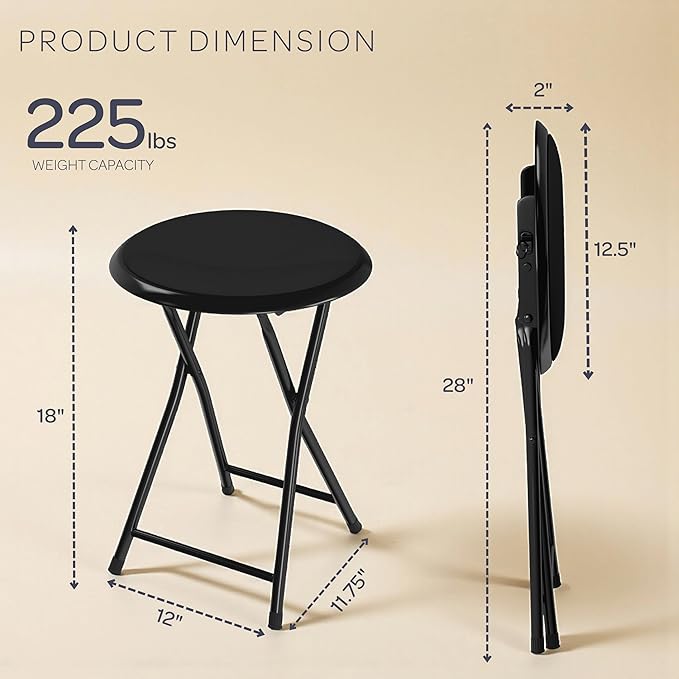Folding Bar Stools - Set of 4 Heavy-Duty 18-Inch Stool - 225lb Capacity and Padded Seats for Dorm, Recreation or Game Room by Lavish Home (Black)