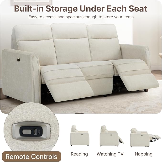Zero Wall Recliner Sofa RV 3 Seater Wall Hugger Power Recliner Chair with Comfortable Backrest High Wood Leg USB & Type C Dual Charge Ports for Living Room RV Furniture or Small Spaces