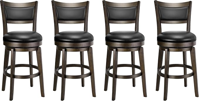 PrimeZone Swivel Bar Stools Set of 4, 24 Inch Counter Height Barstools, Black Faux Leather Bar Stool with High Backrest & Solid Wood Leg & Wrap-Around Footrest, Counter Stools for Kitchen Island, Pub