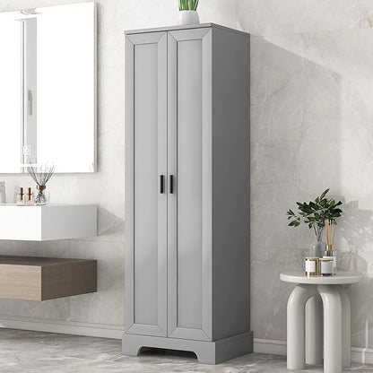 Tall Freestanding Storage Cabinet, Multi-Purpose Floor Organizer with 2 Doors & 5 Adjustable Shelves for Bathroom, Office, Living Room, Grey