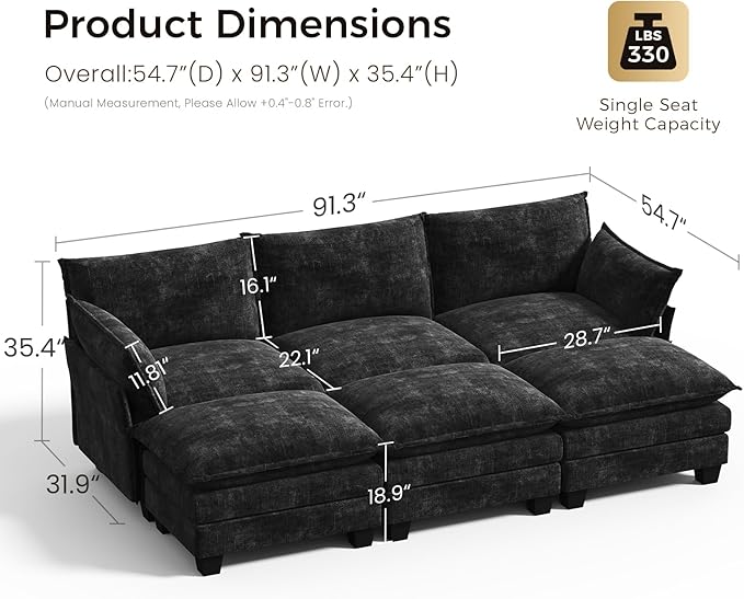 KKL 91.3" Large Modular Sectional Sofa Bed, 6 Seater Convertible J/L-Shaped Sleeper Cloud Couch with Ottoman, Chenille Sectional Couches for Living Room, Apartment, Black