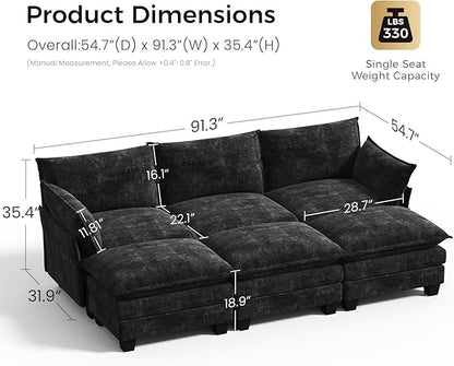 KKL 91.3" Large Modular Sectional Sofa Bed, 6 Seater Convertible J/L-Shaped Sleeper Cloud Couch with Ottoman, Chenille Sectional Couches for Living Room, Apartment, Black
