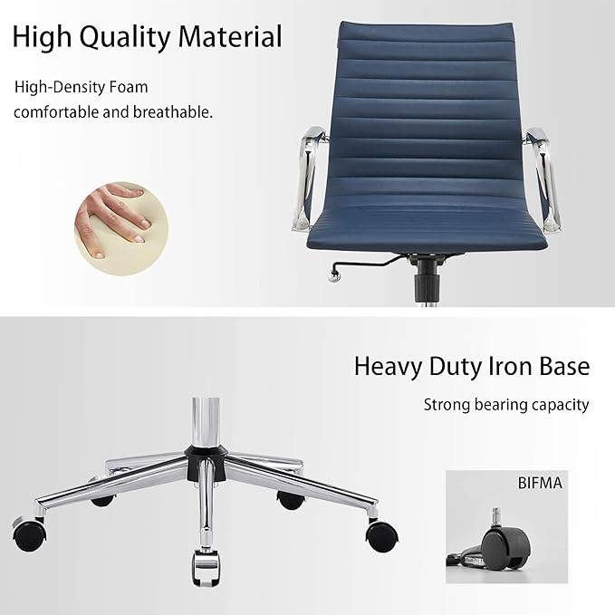 Office Desk Chair,Modern Conference Room Task Chairs,Leather Computer Swivel Excutive Ribbed Ergonomic Rolling Chair for Home Office Desk Chair （Navy）