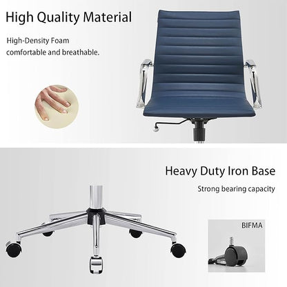 Office Desk Chair,Modern Conference Room Task Chairs,Leather Computer Swivel Excutive Ribbed Ergonomic Rolling Chair for Home Office Desk Chair （Navy）