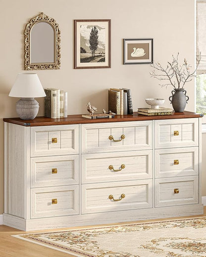 AOGLLATI Farmhouse 9 Drawers Dresser for Bedroom, 63" Wide Wood Rustic Chest of Drawers with Natural Texture, Vintage Design, Long Wide Storage Dresser for Bedroom, Antique White