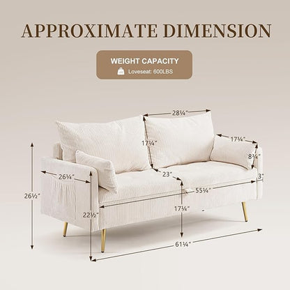 Furnimart 2-Seater Storage Loveseat Sofa for Small Spaces, 62“ Corduroy Small Couch with Removable Cushion Cover and Gold Leg for Bedroom, Apartment, Tiny Homes and Lofts, Beige