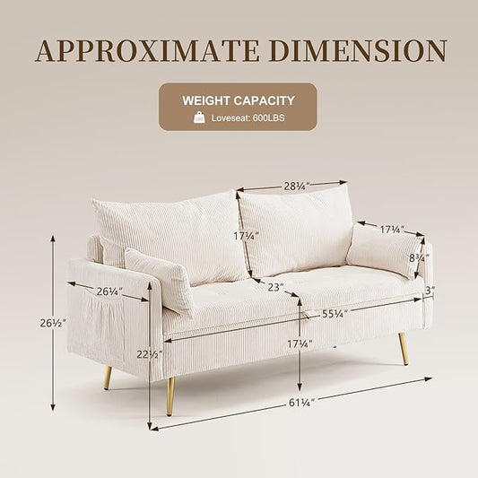 Furnimart 2-Seater Storage Loveseat Sofa for Small Spaces, 62“ Corduroy Small Couch with Removable Cushion Cover and Gold Leg for Bedroom, Apartment, Tiny Homes and Lofts, Beige