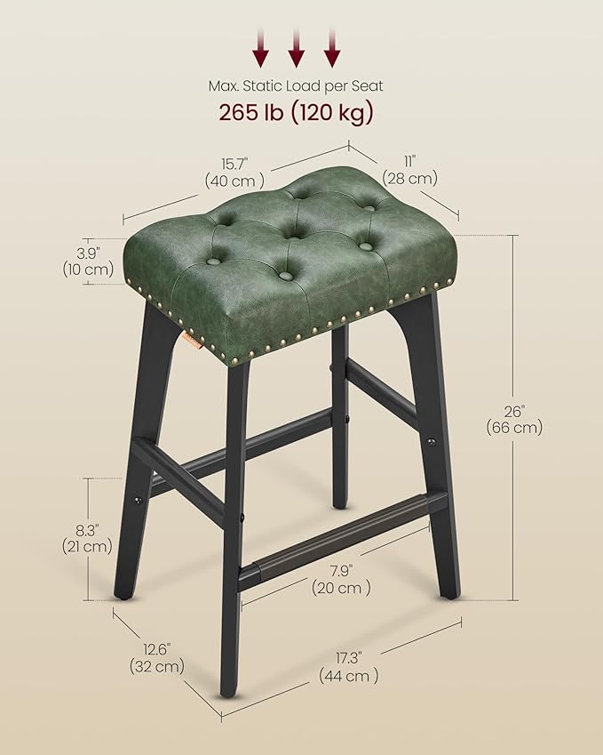 VASAGLE Bar Stools Set of 4, Saddle Counter Height Bar Stools, 26-Inch Backless Kitchen Stools with Wood Legs, PU Leather Thickened Upholstered Barstools for Kitchen Island Dining Room, Forest Green