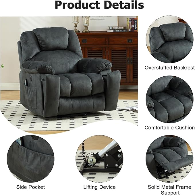 CANMOV Large Power Lift Recliner with Massage and Heat for Elderly, Heavy Duty Lift Recliner for Seniors with USB Port, 2 Hidden Cup Holders (Dark Grey)