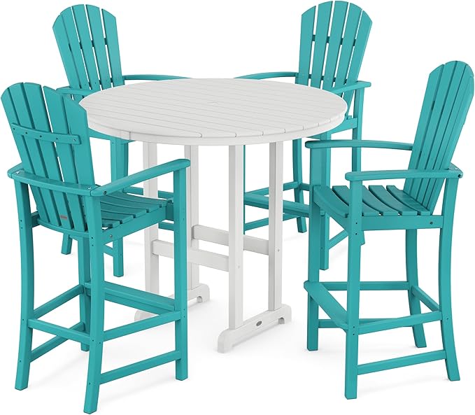 POLYWOOD® Palm Coast 5-Piece Round Farmhouse Bar Set in Aruba/White