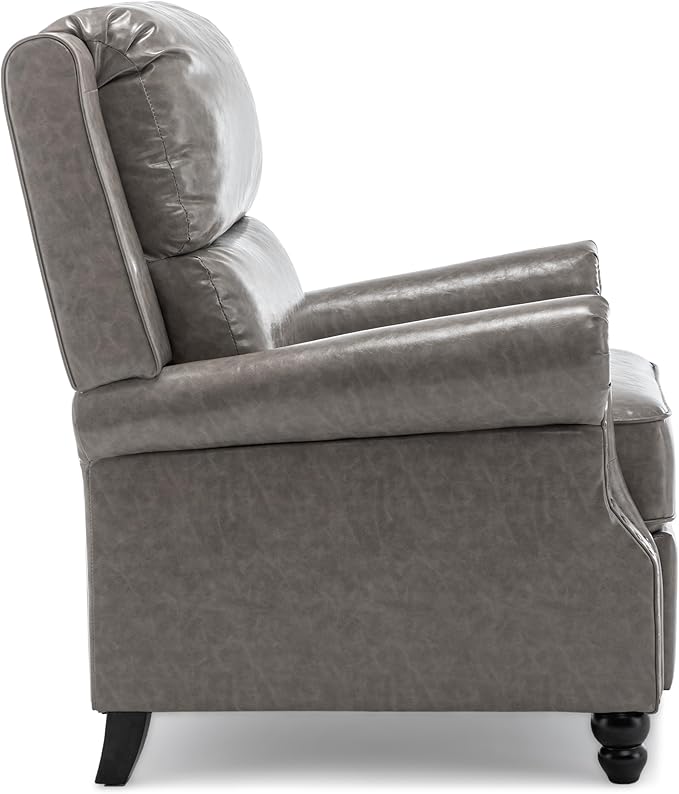 Pushback Recliner Chairs Set of 2, Faux Leather Wingback Recliner Chair, Upholstered Armchair Push Back Recliner with Wood Legs, Rivet Trim Single Sofa Accent Chair for Living Room, Bedroom, Gray