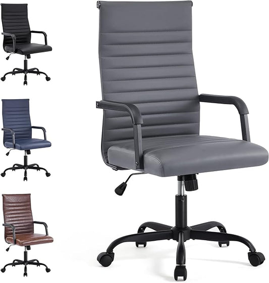 Office Desk Chair, Ergonomic Conference Room Chairs, PU Leather Executive Ribbed Computer Chair, Swivel Rolling Chair for Home Office
