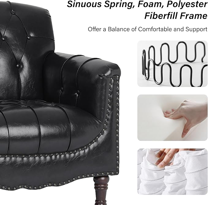 Faux Leather Accent Chair, PU Leather Modern Comfy Upholstered Armchair with Wood Legs & Nailhead Trim for Living Room, Bedroom